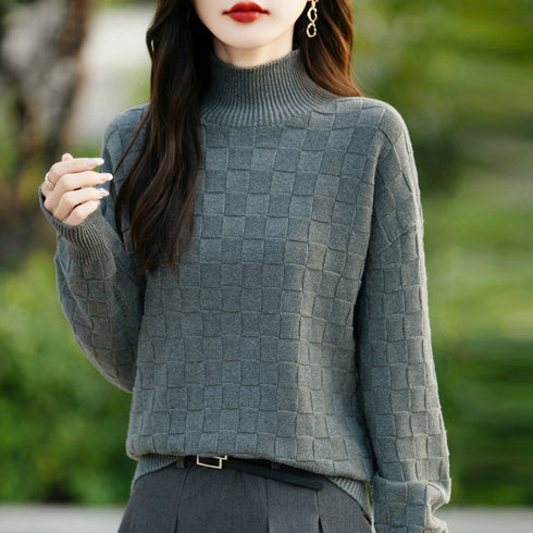 Women's Square Decorative Solid Color Long-sleeved Knitted Sweater